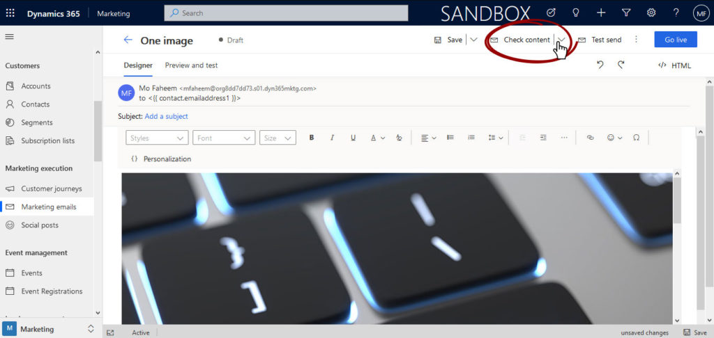 Dynamics 365 Marketing email Check content