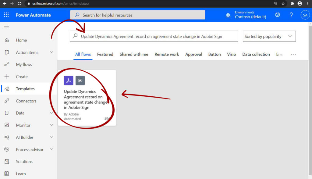 Add Power Automate template update Dynamics Agreement record on agreement state change in Adobe Sign