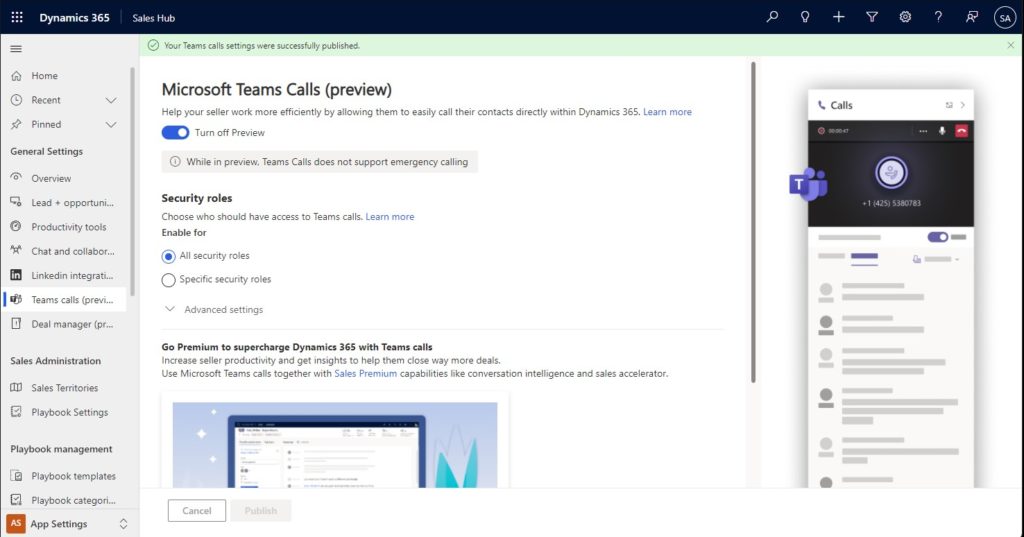 Preview MS Teams call from Dynamics 365 Sales
