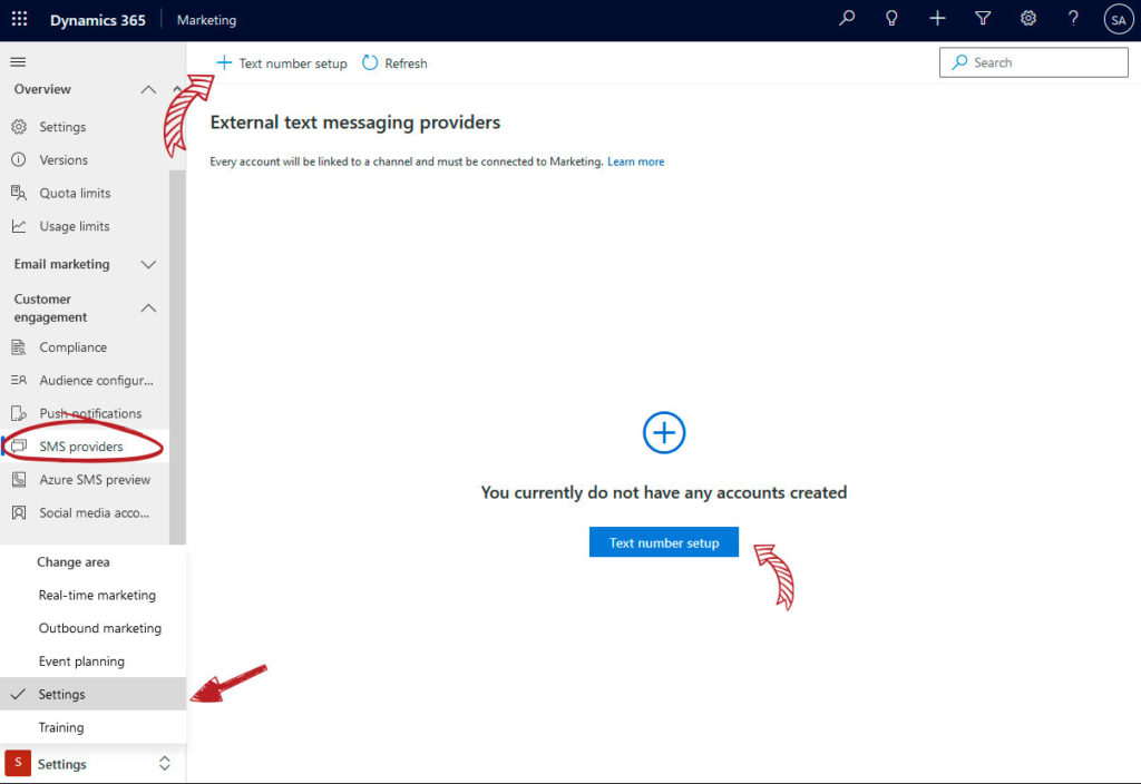 Dynamics 365 Marketing SMS Providers - Text number Setup
