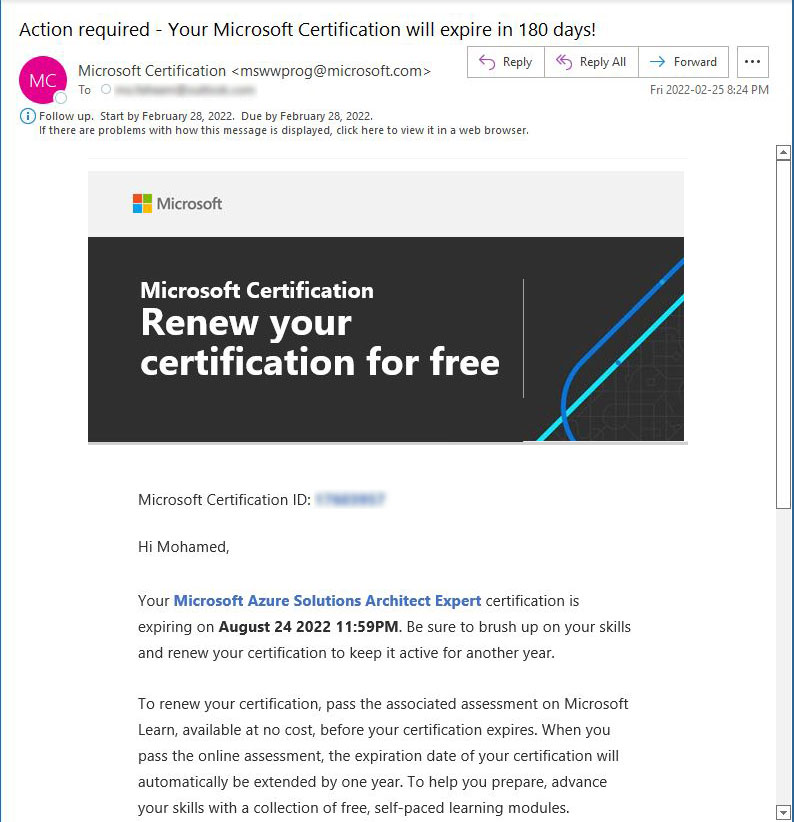 Action required email to renew Microsoft Cetifacte
